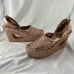Free People Woven Platform Mules in Metallic Rose Gold